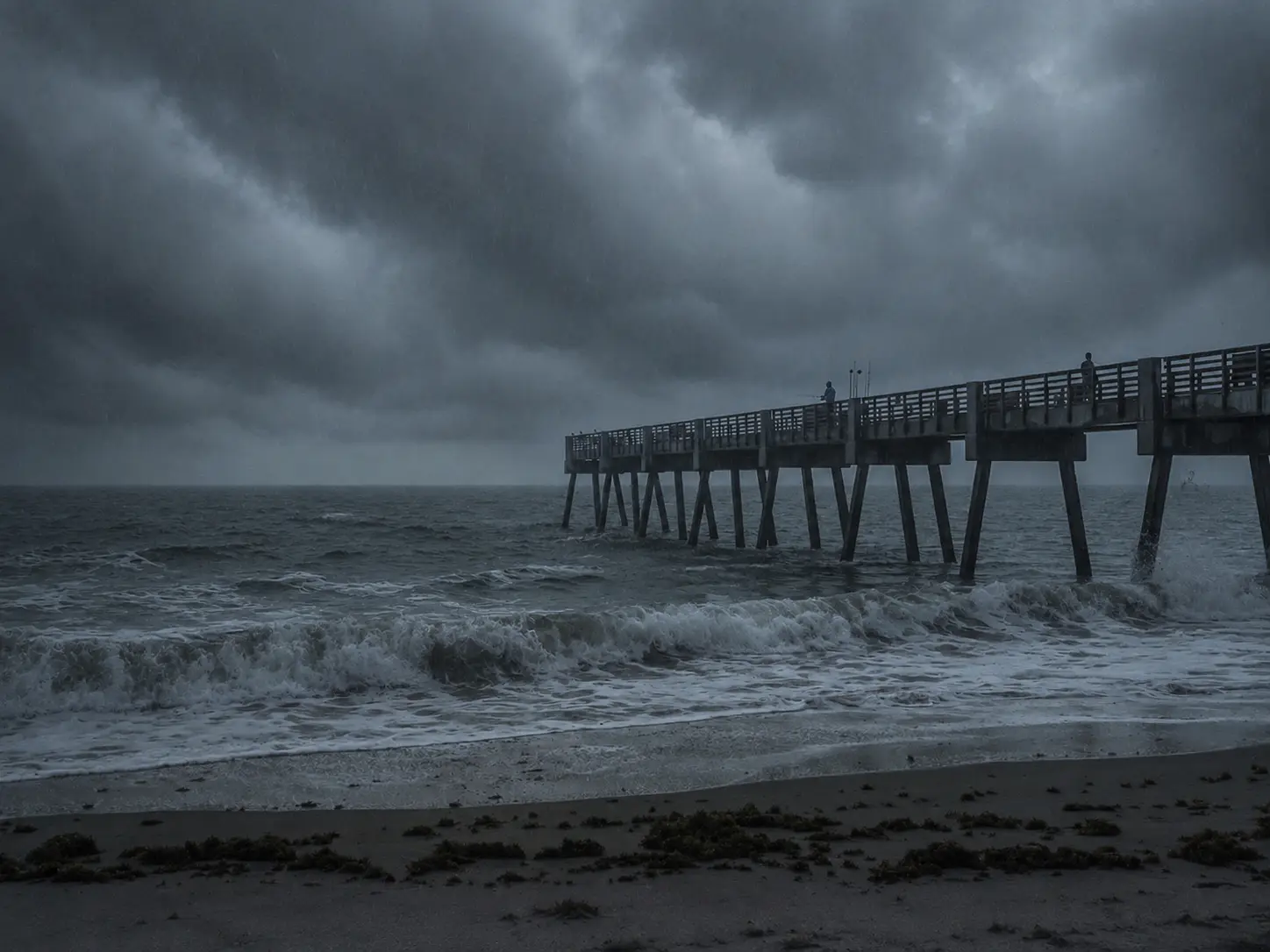 Stormy beach pier before conditions improve.